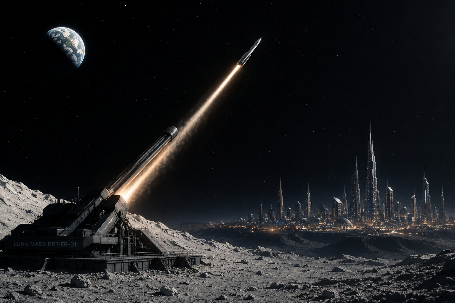 Lunar launcher with a rising craft above a future city